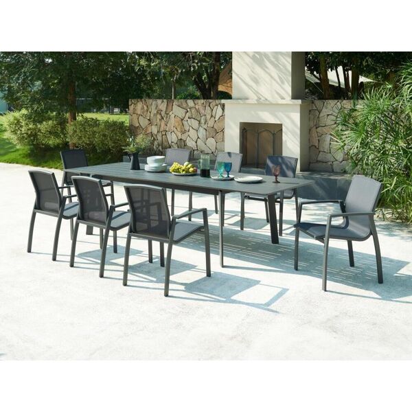 Vente-unique.com Salle à manger de jardin en aluminium et textilène : une table extensible L.200 / 300 cm et 8 fauteuils empilables - Anthracite - MILLAU de MYLIA