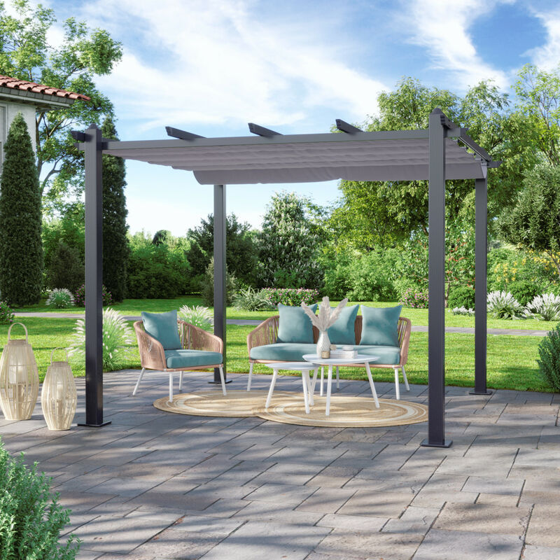 AVRIL PARIS Tonnelle/Pergola aluminium 3x3m toile coulissante rétractable - Gris Anthracite