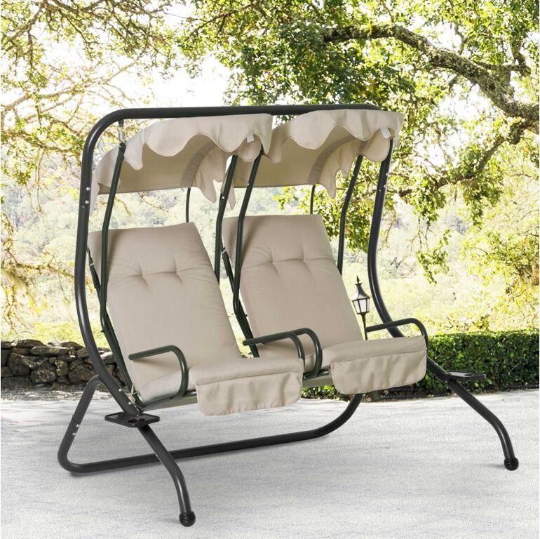 Outsunny Balancelle de jardin 2 places indépendantes 2 tablettes supports coussins assise dossier grand confort 1,7L x 1,36l x 1,7H m acier noir polyester beige