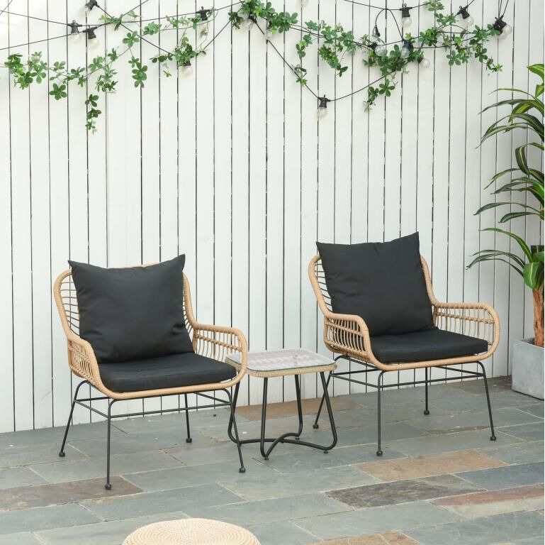 Outsunny Ensemble salon de jardin 3 pièces style exotique 2 fauteuils avec coussins + table basse résine tressée beige métal époxy noir