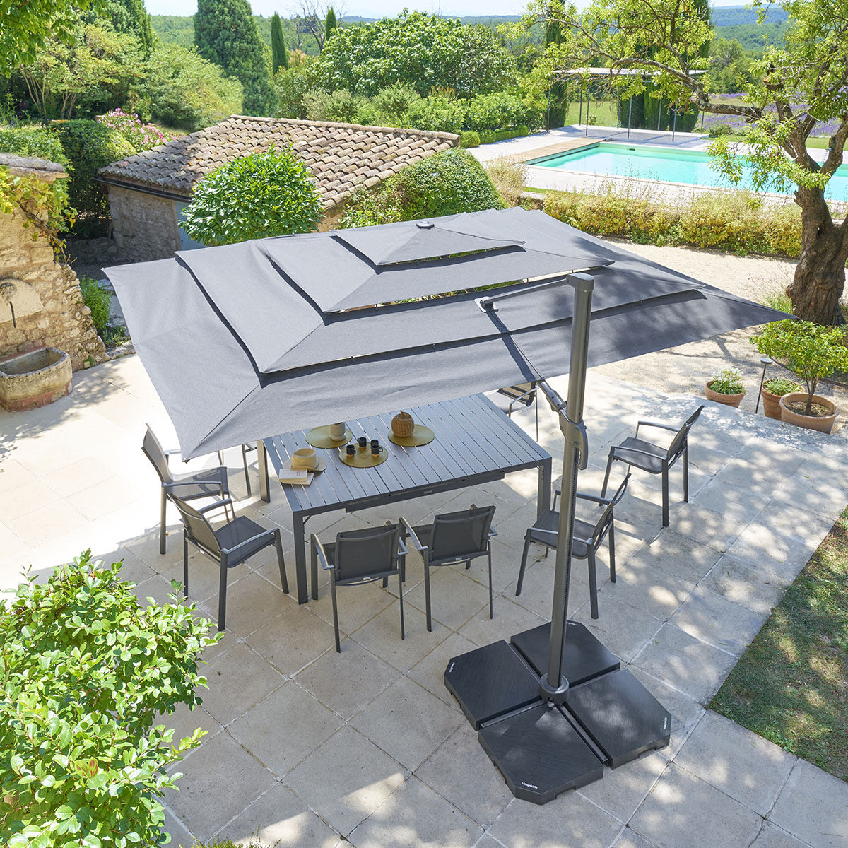 Parasol déporté rectangulaire multi-toile MELHIA Anthracite 4 x 3 m - Aluminium traité époxy, Acier, Oléfine Hespéride