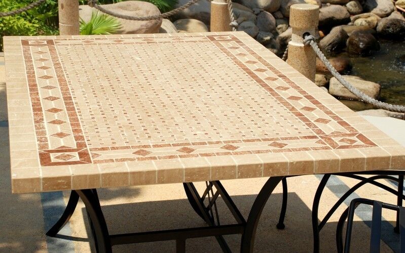 LivingRoc Table de jardin mosaA¯que marbre pierre naturelle 160-200-240 TOSCANE