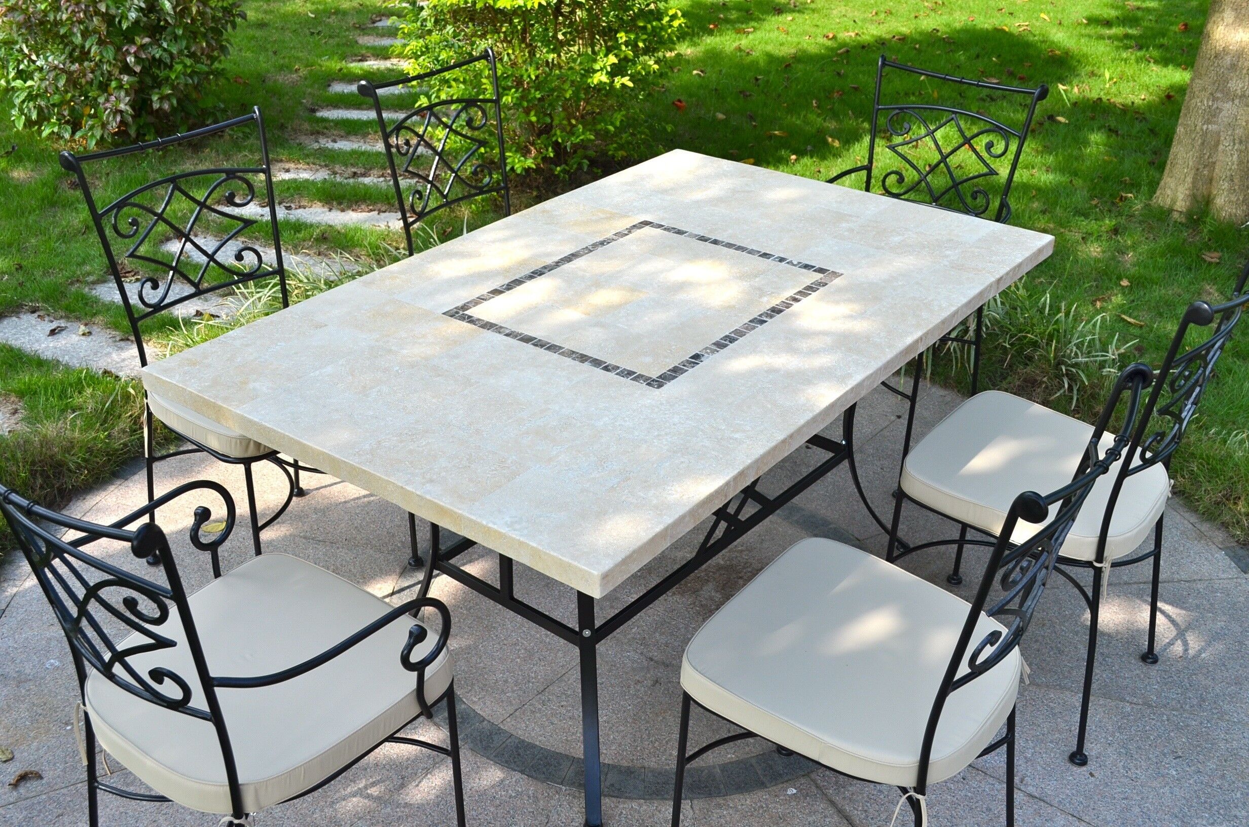 LivingRoc Table jardin pierre naturelle 160-200-240 mosaïque marbre MONTE CARLO