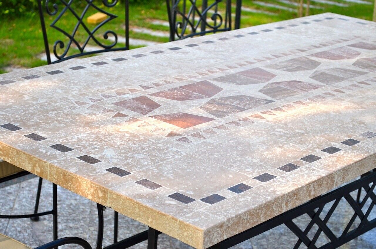 LivingRoc Table de jardin mosaique marbre pierre naturelle 120-160-200-240 TAMPA