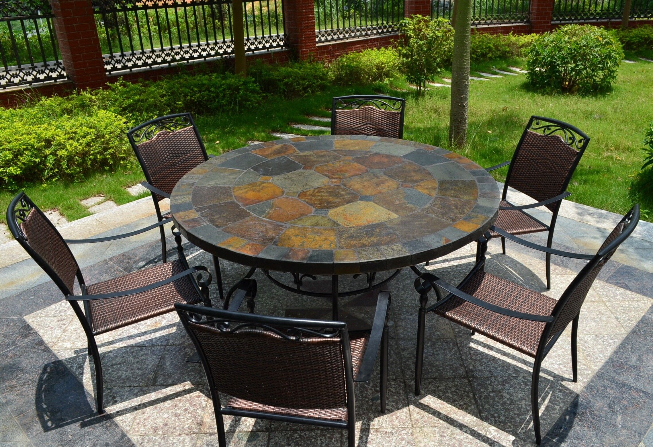 LivingRoc Table de jardin ronde mosaique d'ardoise multicolor 125-160 OCEANE