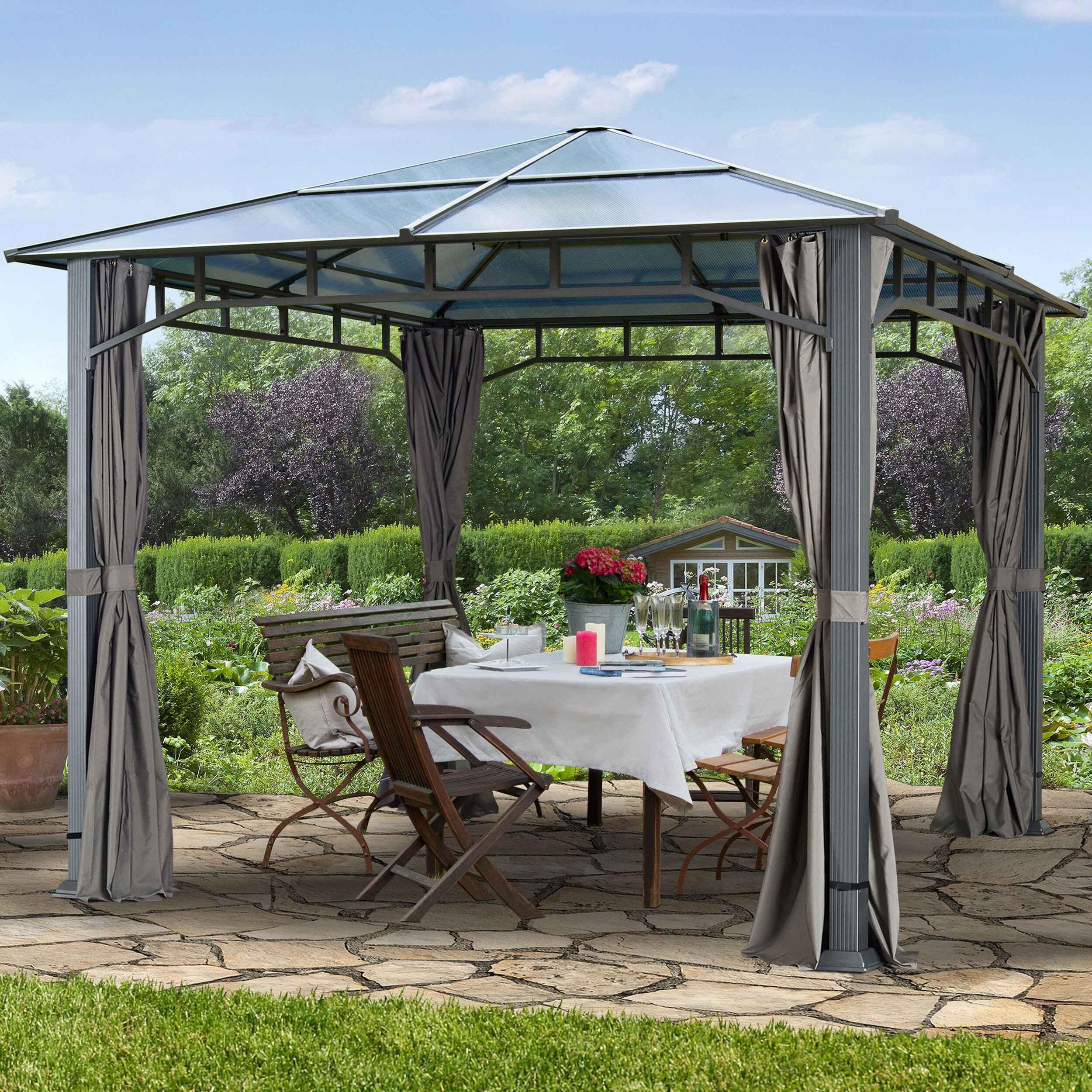 Intent24.fr Tonnelle de jardin 3x3m plaque polycarbonate 8 mm gris imperméable