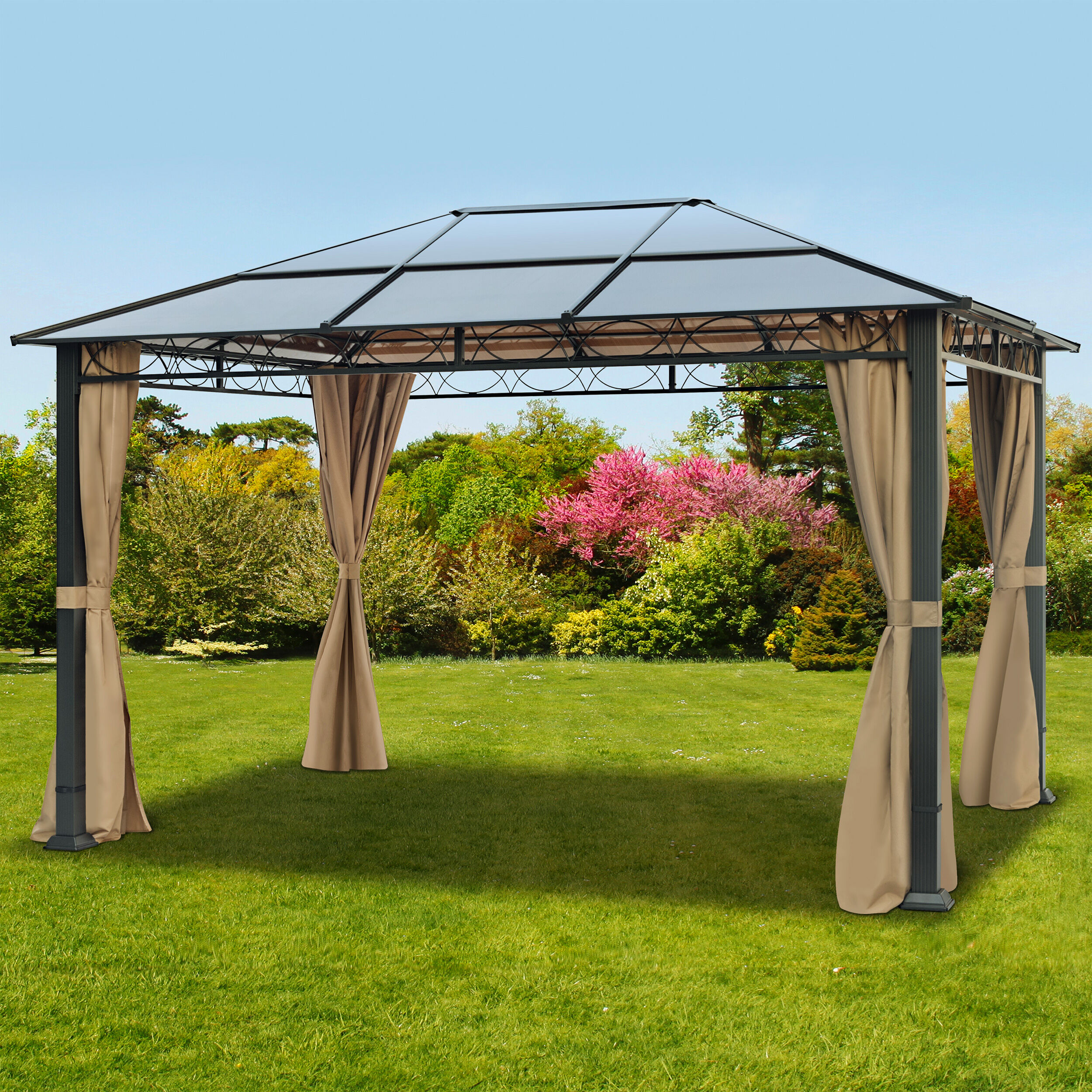 Intent24.fr Tonnelle de jardin 3x4m plaque polycarbonate 6 mm taupe imperméable