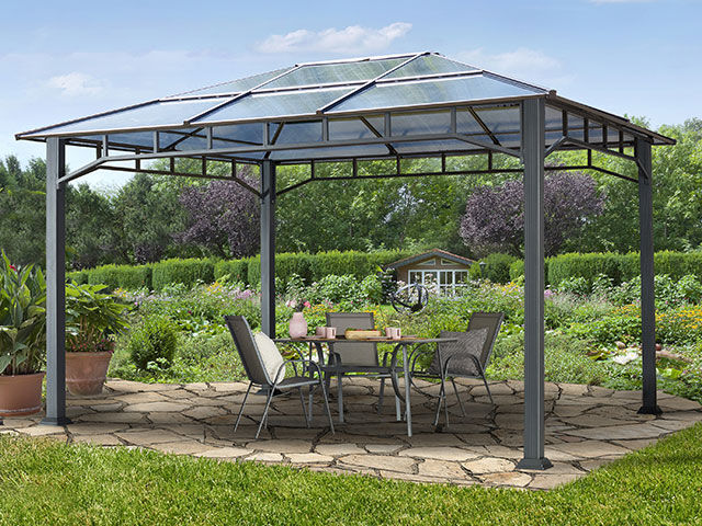 Intent24.fr Tonnelle de jardin 3x4m plaque polycarbonate 8 mm gris imperméable