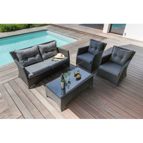 Proloisirs Salon de jardin 4pcs en résine tressée plate avec coussins Gris TULIPE - Proloisirs