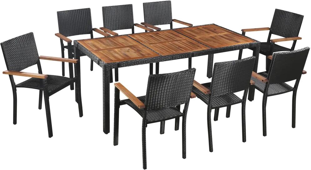 vidaXL 9 Piece Outdoor Dining Set Poly Rattan and Acacia Wood Black