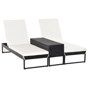 Outsunny Set Componibile 2 Lettini Prendisole (195x60x86cm) 1 Tavolino (121x40x50cm) Rattan Nero con Materassini Bianchi