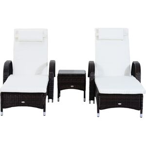 Outsunny Set Relax Sedie Tavolino in Rattan 3pz 2 Lettini a Sdraio Reclinabili Imbottiti con Rotelle e Tavolino, Marrone