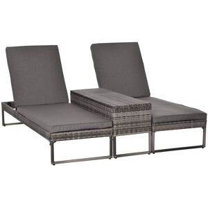 Outsunny Set 3pzi Componibile 2 Lettini Prendisole (195x60x86cm) 1 Tavolino (121x40x50cm) Rattan Grigio con Materassini