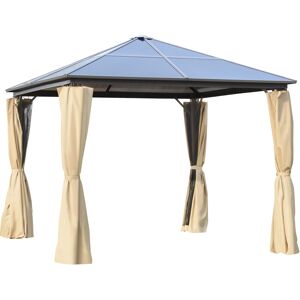 Outsunny Gazebo da Giardino 2.94x2.94m con Tetto in Policarbonato e Zanzariere, Struttura in Alluminio, Caffè e Khaki