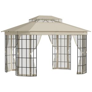 Outsunny Gazebo da Giardino 3.65x3m con Zanzariera e Tettuccio a 2 Livelli in Poliestere, Gazebo Esterno con Struttura in Metallo, Nero e Beige