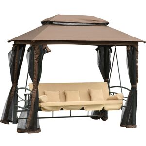 Outsunny Dondolo 3 Posti da Giardino Convertibile in Lettino con Gazebo, con Zanzariera e Cuscini, 257x175x240cm Cachi