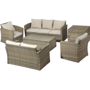 Outsunny Set Mobili da Giardino 6 Pezzi in Rattan, Salotto da Giardino con 2 Tavolini Contenitore, Divani e 2 Poltrone Imbottiti per 7 Persone, Beige