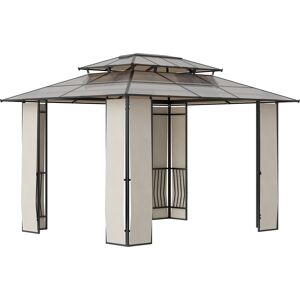 Outsunny Gazebo da Giardino 3.65x3m con Tetto in Policarbonato a 2 Livelli, Gazebo Esterno con Struttura Acciaio e Alluminio, Marrone