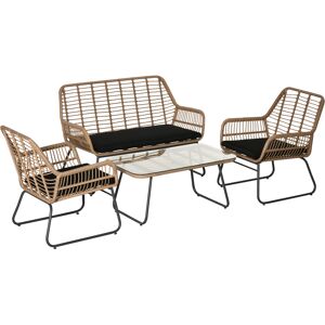 Outsunny Set Mobili da Giardino in Rattan PE con 2 Poltrone, Divanetto e Tavolino con Ripiano in Vetro