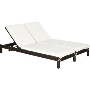 Outsunny Lettino Prendisole a 2 Posti, Sdraio in Acciaio e Rattan, Schienale Regolabile, 195 x 120 x 28cm Marrone e Bianco Crema