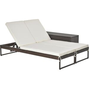 Outsunny 3pz Componibile 2 Lettini Prendisole (60 x 195 x 86cm) 1 Tavolino (121 x 40 x 50cm) Rattan con Materassini Marrone e Bianco Crema