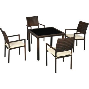 Outsunny Set da Esterni in Rattan PE da 5 Pezzi, Tavolo da Giardino con Piano in Vetro e 4 Sedie con Cuscini, Marrone