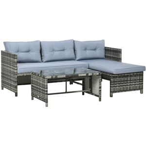 Outsunny Salotto da Giardino con Divanetto, Chaise Longue e Tavolino in Rattan PE con Cuscini, Grigio