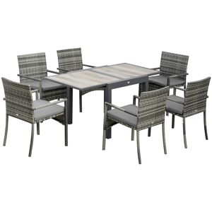 Outsunny Set da Giardino con Tavolo Allungabile e 6 Sedie con Cuscini in Rattan PE, Grigio e Marrone