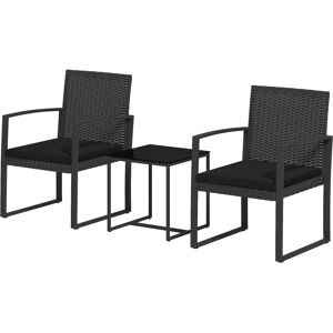 Outsunny Set da Giardino 3 Pezzi con 2 Sedie con Cuscini e Tavolino con Piano in Vetro, Effetto Rattan Nero