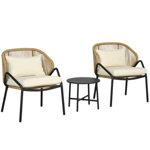 Outsunny Set da Giardino 3 Pezzi, 2 Sedie con Braccioli e Cuscini e Tavolino in Acciaio e Rattan PE, Crema