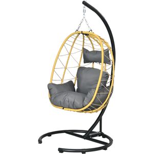 Outsunny Poltrona Sospesa e Pieghevole con Cuscini, in Acciaio e Rattan PE, 102x102x195 cm, Nera Grigia e Beige