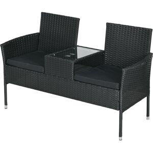 Outsunny Divanetto per Esterni 2 Posti con Tavolino da Caffè, in Acciaio e Rattan PE, 137x59x82 cm, Nero