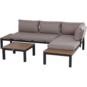 Outsunny Set da Giardino 3 Pezzi, 2 Divani a 2 Posti e 1 Tavolino da Caffè, Cuscini Imbottiti e Telaio in Alluminio, Colore Grigio e Legno Naturale