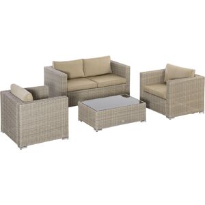 Outsunny Set Mobili da Giardino 4 Pezzi in Rattan PE, Salotto da Esterno 1 Divano, 2 Poltrone, 1 Tavolino e Cuscini Lavabili, Kaki e Beige