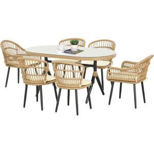 Outsunny Set da Giardino 7 Pezzi in Rattan PE con Tavolo da Pranzo 153x89x74 cm e 6 Sedie 52x62x78 cm con Cuscini