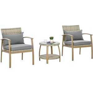 Outsunny Salotto da Giardino in Rattan con 2 Poltroncine con Cuscini e Tavolino in Vetro, Marrone e Grigio