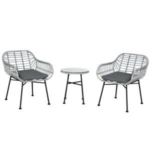 Outsunny Set Mobili da Giardino in Rattan PE da 3 Pezzi, Salotto da Esterno con 2 Sedie e Tavolino con Ripiano in Vetro per Terrazza e Bistrò, Grigio