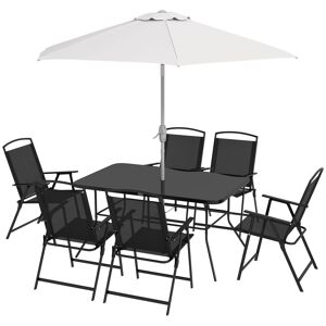 Outsunny Set da Giardino con Tavolo da Pranzo, 6 Sedie Pieghevoli e Ombrellone a Manovella, Grigio e Nero