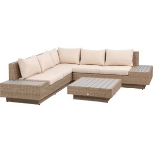 Outsunny Set da Giardino 4 Pezzi in Rattan, Divano Angolare con Cuscini e Tavolini, Marrone chiaro