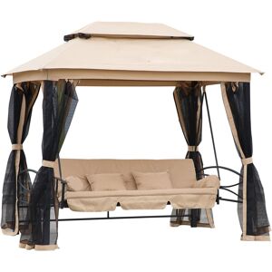 Outsunny Dondolo 3 Posti Convertibile in Lettino Singolo, Beige, con Zanzariera e Cuscini, 256x172x248cm, Multifunzione