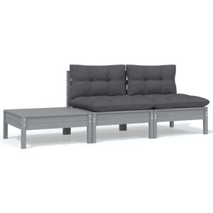 vidaXL Set Divani da Giardino 3 pz Grigio Cuscini Massello di Pino