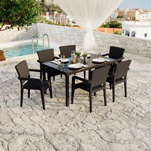 garneroarredamenti Set tavolo da giardino esterno bar dehors 150x90cm + 6 sedie con braccioli effetto rattan marrone Bora