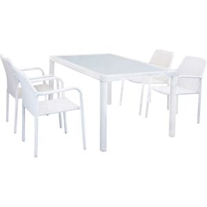 Milani Home Set Tavolo Giardino 150x90 Con 4 Poltrone Piano In Vetro Intreccio In Rattan Si Bianco x x cm