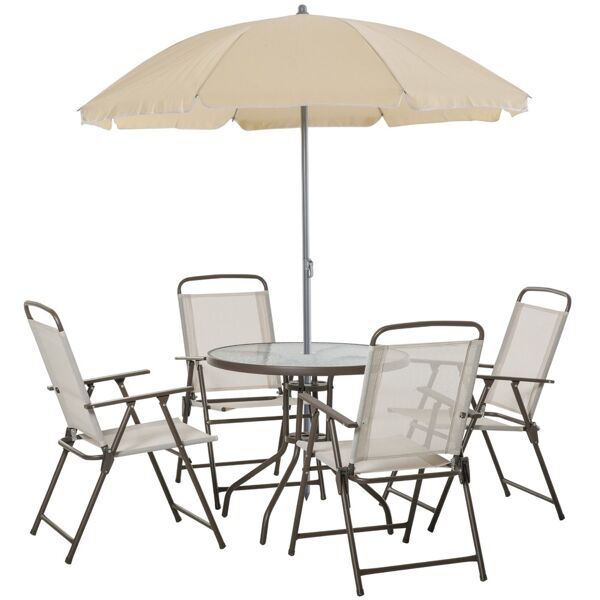 outsunny - set mobili da giardino in tubi d'acciaio 6 pz set di tavolo, sedia e ombrellone crema
