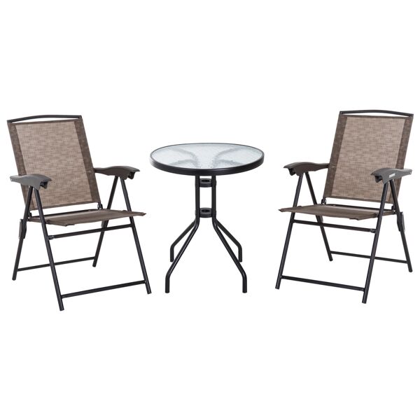 outsunny set arredo per esterni con tavolino in vetro e sedie, set mobili 3pz pieghevole marrone