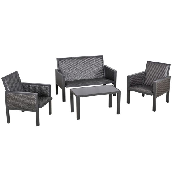 outsunny salotto da giardino con divano da esterno e tavolino, mobili da giardino in rattan sintetico, set 4 pz, grigio