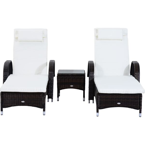 outsunny set relax sedie tavolino in rattan 3pz 2 lettini a sdraio reclinabili imbottiti con rotelle e tavolino, marrone