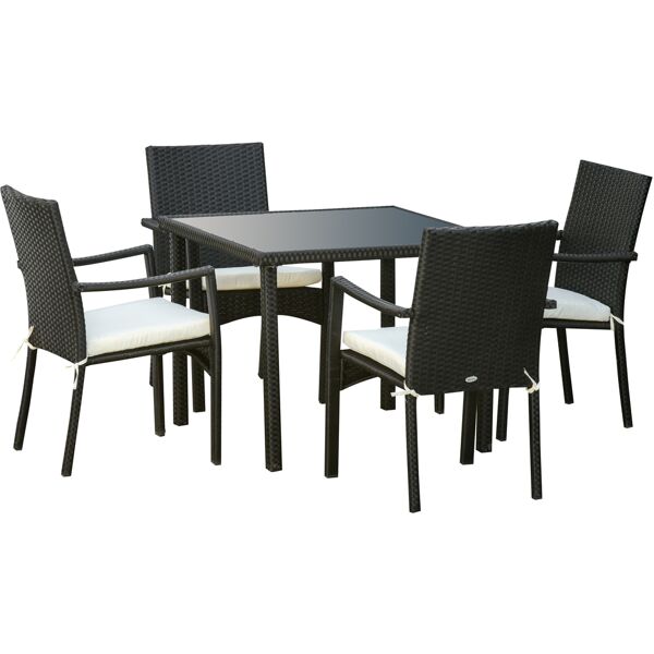 outsunny set 4 sedie da giardino e tavolo con ripiano in vetro, arredamento da esterno in rattan pe e metallo, nero