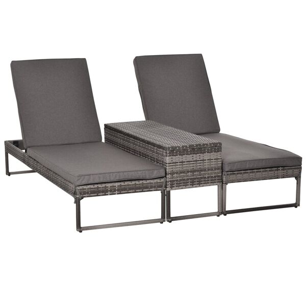 outsunny set 3pzi componibile 2 lettini prendisole (195x60x86cm) 1 tavolino (121x40x50cm) rattan grigio con materassini