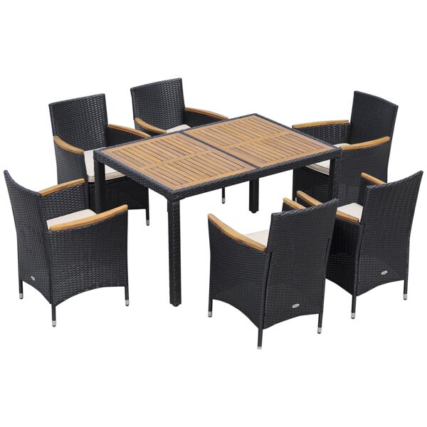 outsunny set tavolo e sedie da giardino 7 pezzi in pe rattan e legno, mobili da esterni con cuscini morbidi, nero